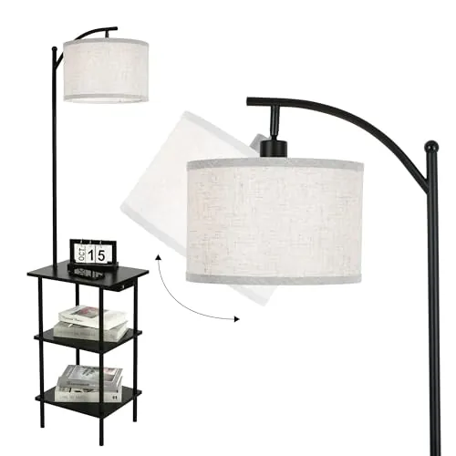 LuminexDesigns Lámpara de Pie Vintage con Estantes, Mesa Auxiliar de Madera con Estación de Carga, Retro Negra con 3 Niveles de Almacenamiento, E27 Giratoria, para Salón, Dormitorio, Rincón y Oficina