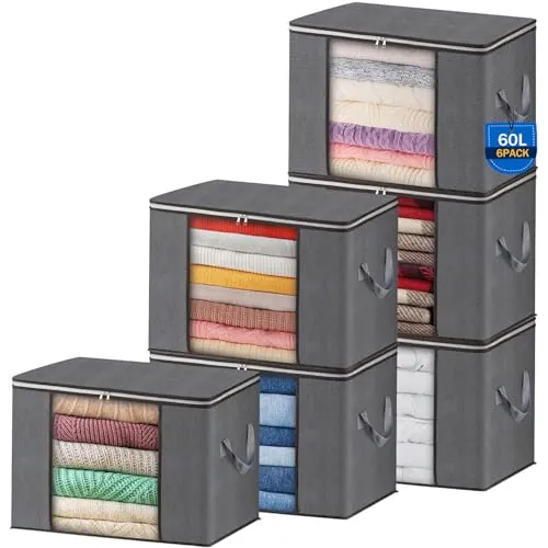 AIOR 6pcs Bolsa de Almacenamiento de Ropa Plegable, 60L Grandes Cajas de Almacenaje Ropa con Mango Reforzado, No-Tejida Organizador Guardar para Edredones Mantas, 55x35x32cm