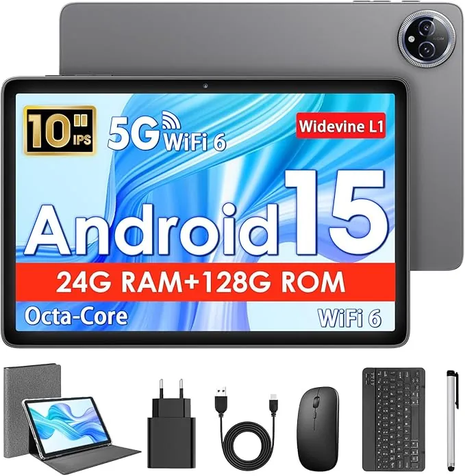 Tablet 10 Pulgadas, Tableta Android 15 con Funda, Ratón & Teclado, Octa-Core, 24 GB RAM + 128 GB ROM + 1 TB TF, Pantalla IPS HD 1280 x 800, Cámara Dual, 6000mAh, WiFi 6, BT 5.0, Widevine L1, GPS, Gris