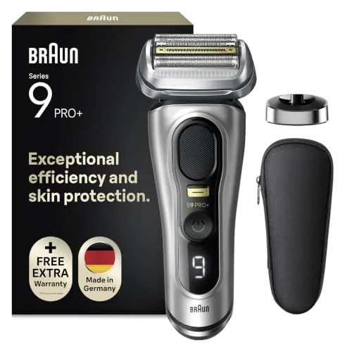 Braun Series 9 Pro+ Afeitadora Eléctrica Hombre, 9517s, Plata | Máquina de Afeitar Barba con Base de Carga y Funda de Viaje, Resistente al Agua, Recargable, 60 Min de Autonomía