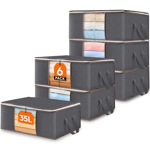Lifewit Cajas Almacenaje Ropa, Bolsa Almacenaje Ropa, Organizador Armario Plegable, Caja Bajo Cama para Guardar Mantas, Edredones, Gris, 36 L, 6 Piezas