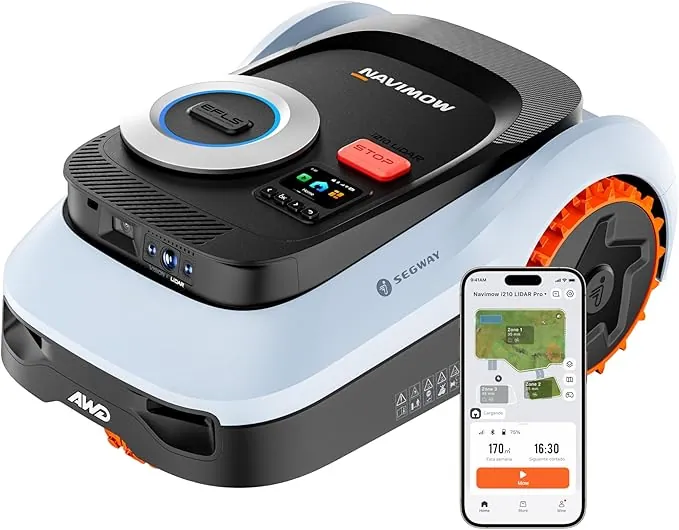 Segway Navimow i210 LiDAR Pro Robot cortacésped sin Cable Perimetral, LiDAR + Visión + Red RTK, Xero-Turn AWD, mapeo automático, Tracción Integral para Pendientes del 55%, Rec. 1000 m²