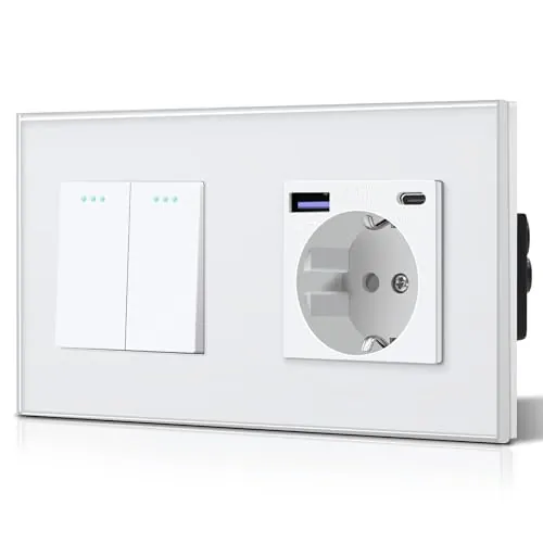 BSEED Interruptor y Enchufe,Enchufes Pared con 20W USB y Tipo C,Carga Rápida,Panel de Vidrio,3 en 1,Fácil Instalación,2 Gang 1 Vía Con 20W Enchufe,157mm Blanco
