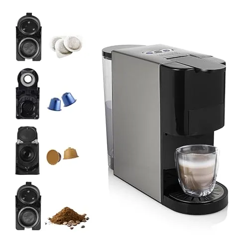 Princess 01.249450.01.001 Caffettiera Multifunzione, Compatibile con capsule Nespresso,Dolce Gusto,cialde ESE e caffè macinato, 19 bar, Nero e argento, 800 ml