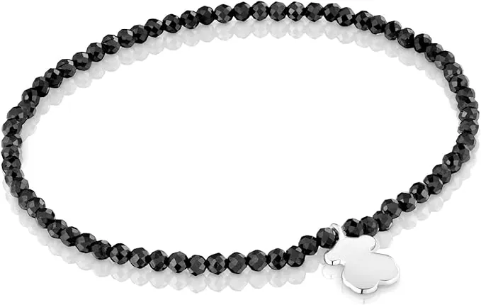 TOUS Pulsera Elástica para Mujer con Bolas Redondas Facetadas de Espinela y Motivo Oso de Plata de Primera Ley, 17cm de Largo, Colección Motivos