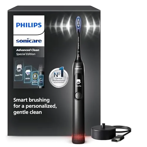 Philips Sonicare AdvancedClean Limited Edition, Cepillo de dientes eléctrico - Smart Screen, sensor de presión, recambio del cabezal de cepillado, 5 modos de cepillado y SmarTimer, negro, HX3792/11