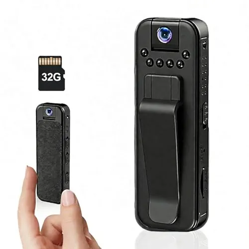 BAKENLON Cámara Corporal Mini, 1080P Mini Video Cámara con Tarjeta de Memoria de 32 GB, Objetivo Giratoria de 180°, Visión Nocturna Cámara de Cuerpo con Grabación de Video y Audio Clip Trasero