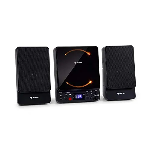 auna Microstar – Minicadena de música Vertical, Reproductor de CD, Bluetooth, Altavoces estéreo, USB, Pantalla LCD, iluminación LED, Vertical o en Pared, Entrada AUX, Negro