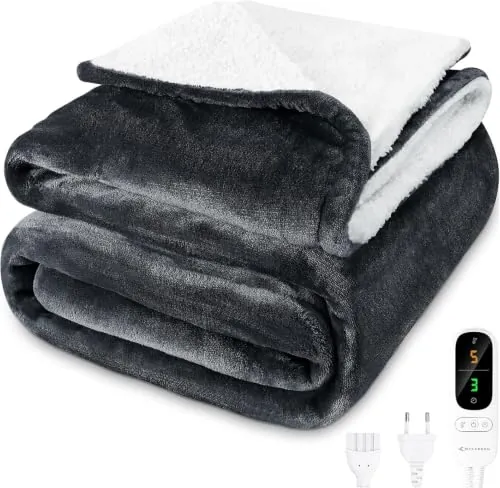 MYCARBON Manta Eléctrica 180x160cm TEMP 30°C-45°C con Apagado Automático | Manta Térmica para Dobles con Timer 1-9 h, 6 Temperaturas, Lavable, para Casa, Oficina, Sofá, Cama (Gris Oscuro)