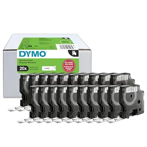 DYMO D1 etiquetas autoadhesivas, negro sobre blanco, 12mm x 7m, 20 uds. | Recambios de etiquetas para usar en la oficina o en casa, para las impresoras de etiquetas LabelManager, 20 unidades