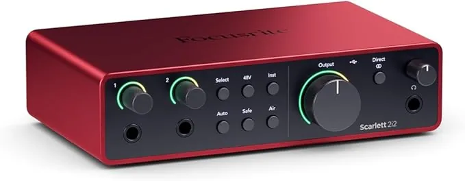 Focusrite Scarlett 2i2 4.ª gen. interfaz de audio USB para grabar, componer, retransmitir y emitir pódcast. Grabación con sonido de estudio y alta fidelidad y todo el software que necesitas