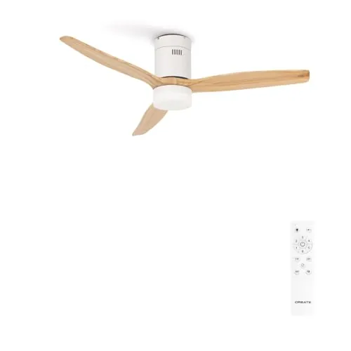 CREATE/WINDCALM/Ventilador de techo ABS con luz blanco aspas efecto madera clara y mando / 40W, Silencioso, Ø132 cm, 6 velocidades, 3 temperaturas de luz, temporizador, función verano-invierno