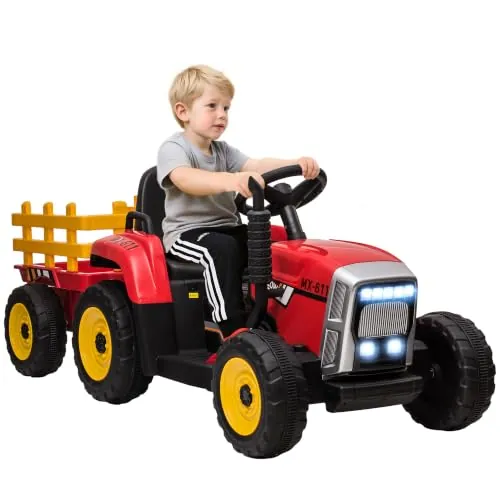 HOMCOM Tractor Eléctrico para Niños con Remolque Desmontable Rojo