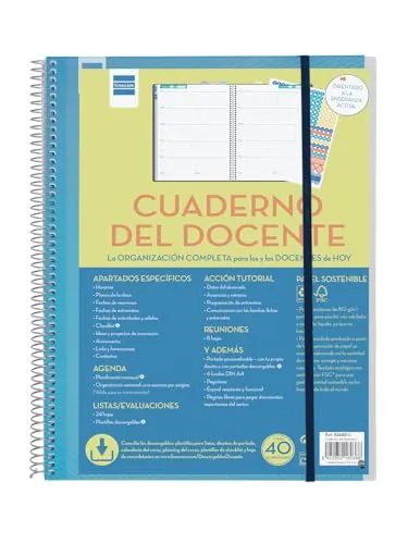 Finocam - Cuaderno del Docente Semana Página sin fechar | Cuaderno profesor con 24 hojas de evaluaciones para 40 alumnos | Portada personalizable y funda interior - 230 x 310 mm - Español