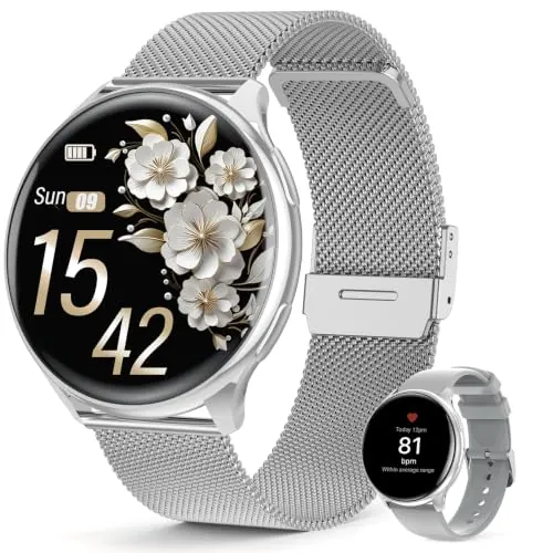 SLOKSFil Reloj Inteligente Mujer, 1,39" SmartWatch Mujer Redondo SpO2, 24H Pulsometro, Presión Arterial, Monitor sueño, Monitor de sueño 120 Deportes para iOS Android (Plateado)