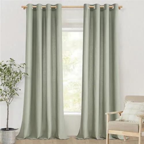 MRTREES Cortinas y Visillos de Dormitorio Juvenil Cortina Lino Translucida de Salon 2 Piezas Cortinas con Ojales para Habitaciones Infantiles, 140x225 CM, Verde Salvia