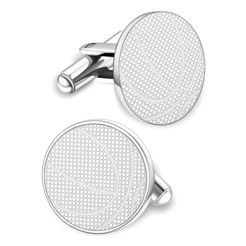 Gemelos de baloncesto para hombre de acero inoxidable con balones deportivos joyas esmoquin camisas gemelos para bodas novios negocios talla única (Plata)