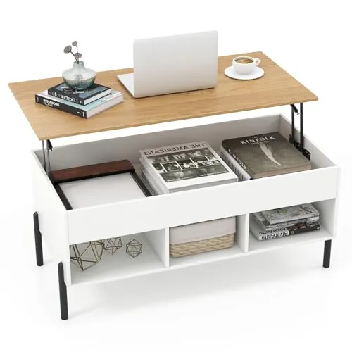 COSTWAY Mesa de Centro Elevable, Mesa Central de Café con Tablero Elevable, Amplio Compartimento Oculto y 3 Espacios Abiertos, Mesita de Cóctel con Patas de Metal (Blanco)