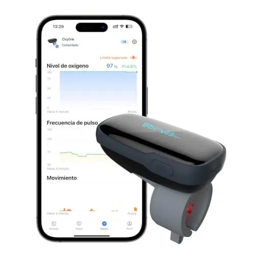 Wellue OxyLink Pulsioxímetro, Medidor de Saturación de Oxígeno para Dedo con Bluetooth, Oxímetro Recargable, con App Gratuita así como Alarma Acústica y Vibratoria, Autonomía de Batería 12–14 Horas.