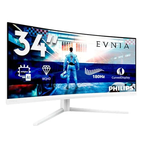 PHILIPS Evnia 34M2C5501A Gaming Monitor 34 Pulgadas 180Hz Panel Fast VA, 1ms GtG, HDR400, Altavoces, Altura Ajustable, (3440x1440 HDMI 2X 2.0 DP 1x 1.4 USB Hub) Blanco