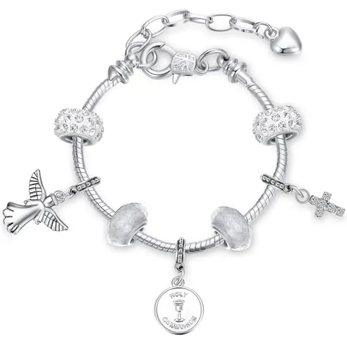 Herdear Pulsera con Dijes de First Holy Communion para Niñas Regalos de Primera Comunión Grabados Personalizados con Purpurina con Colgante (Estilo Moderno)