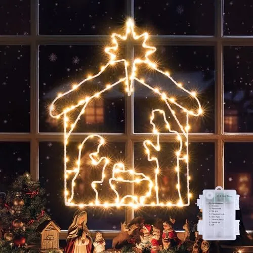Avoalre Nacimientos de Navidad Luces, Adorno Figuritas Navidad | 42,5x33cm 180 LED Blanco Cálido, 8 Modos Memoria Temporizador, IP44 Impermeable, Christmas Nativity Interior y Exterior
