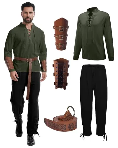 QEKFDOV Conjunto de disfraz de vikingo medieval para hombre, camisa pirata renacentista, pantalones con protectores de brazos y cinturón para Halloween y carnaval (Estilo C, 2XL)