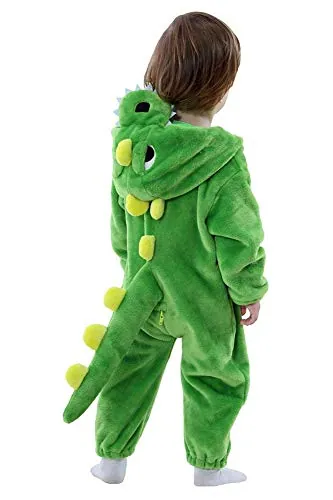 LOLANTA Disfraz de Dinosaurio Bebé, Peleles de Manga Larga de Peluche con Capucha, Disfraz-Halloween Animal Disfraz Carnaval para Niños Pequeños, Verde,2-3 años