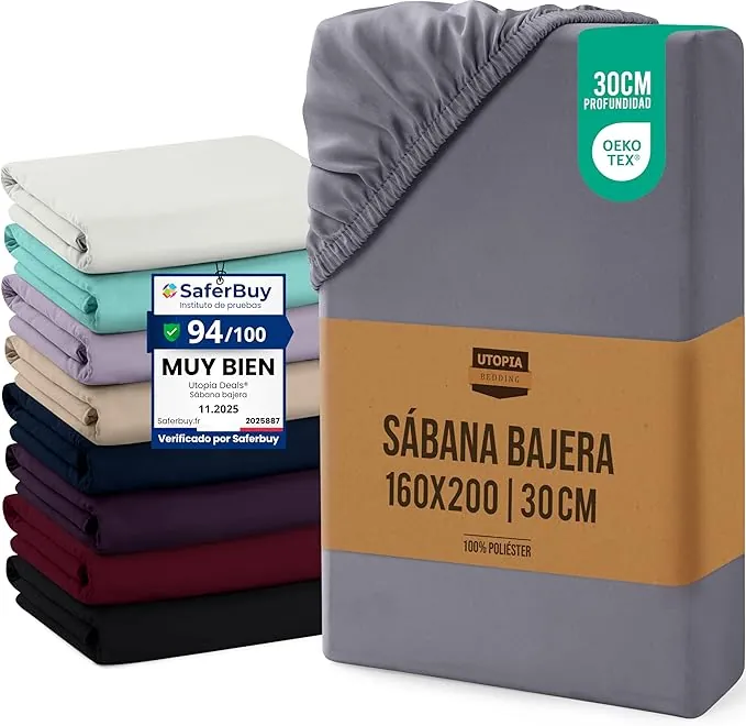 Utopia Bedding Sabana Bajera 180x200x30 cm - Gris - Bolsillo Profundo - Microfibra de Poliéster Cepillado (Cama 180)