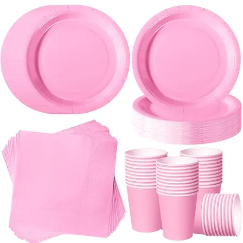 120 Piezas Rosa Pálido vajilla desechable cumpleaños para 40 Invitados | 18 cm platos carton, vasos de papel, servilletas, baby shower niña, cumpleaños romántico, fiesta entre amigas.