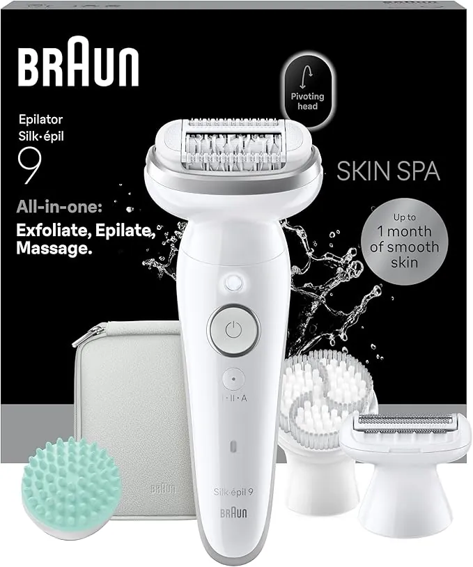 Braun Silk·épil 9 SkinSpa Depiladora Eléctrica Mujer Con Cepillo Exfoliante, Almohadilla De Masaje Y Peine Recortador, Depila, Rasura y Recorta, Uso En Seco Y Mojado, Depilación Suave Duradera, 9-080