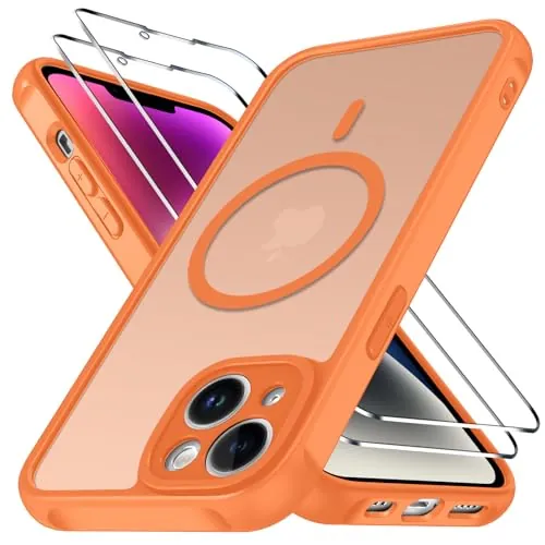ivoler Funda Magnética para iPhone 14 con 2 Piezas Cristal Templado, Compatible con MagSafe, [Protección Militar] Protectora Antiarañazos Translúcida Mate Silicona Case, Naranja