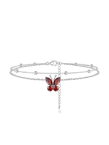 Bestyle Tobilleras Plata de Ley 925 Cadena Doble Capas Tobillera Pulsera Mujer Mariposa Piedra Rojo Granate Sintético Joyas de Mujer Chica para Verano Playa
