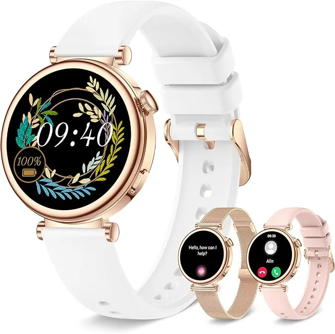 Reloj Inteligente Mujer Pequeño, Smartwatch Mujer Redondo 1.27" 41mm con Llamadas, 3 Correas, Pulsera Actividad con 100+ Modos Deportivos Pulsómetro Sueño Cuenta Pasos para Android & iPhone, Rosa Oro