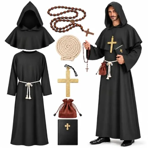 Lozzzyo Disfraz Monje Medieval Hombre, Túnica de Fraile con Capucha, Traje de Sacerdote con Collar Cruz, Rosario, Biblia, Bolsa & Cinturón de Cuerda, Halloween Mago Brujo Cosplay M (170-175cm)