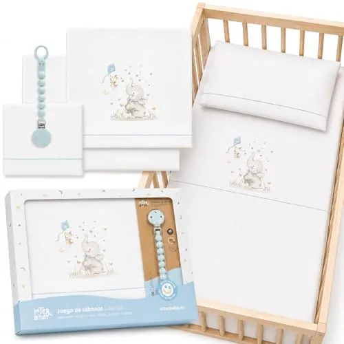 Juego 3 Sabanas Cuna 60x120 100% Algodon con Sabana Bajera Transpirable Ajustable + Encimera y Funda Almohada Lavables Suaves Pack Descanso Bebes y Recien Nacidos Amigo Fiel Azul + Chupetero Regalo