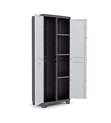 Keter Armario Linear Escobero|Armario Escobero de almacenaje|Resina|2 Puertas y 3 baldas|Color Negro/Gris,Tiradores En Azul|68 x 39 x 173 cm
