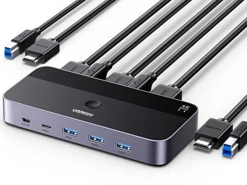 UGREEN Switch KVM HDMI 4K 60Hz 2 Entradas 1 Salida con USB 3.0 Puertos 3A1C | 5 Gbps USB Puertos para Teclado Ratón Disco Duro HDD Conmutador con Controlador de Escritorio y 2 Cables 1M
