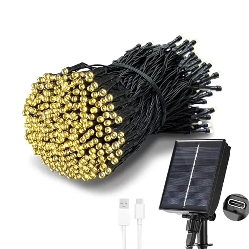 Guirnalda Luces Exterior Solar, USB Recargable, 20M 200LED Blanco Cálido
