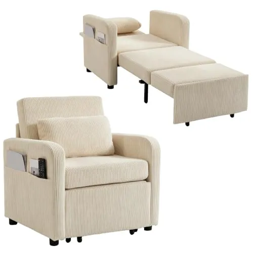 HOMCOM Sofá Cama 1 Plaza Convertible 3 en 1 de Pana 66x170x35 cm Beige | Sillón Cama, Almohada Extraíble, Respaldo Ajustable, Multifuncional, para Salón, Dormitorio, Espacio Pequeño
