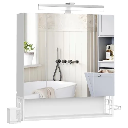 VASAGLE Armario de Baño con Espejo 3 Puertas, Enchufe, Cesta Colgante