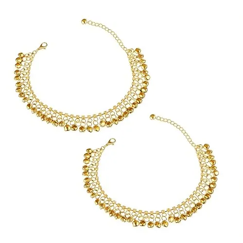 EQLEF Tobilleras de campana para mujer, diamantes plantados en oro a la moda, tobillera para mujer, 2 piezas, Metal (Oro)