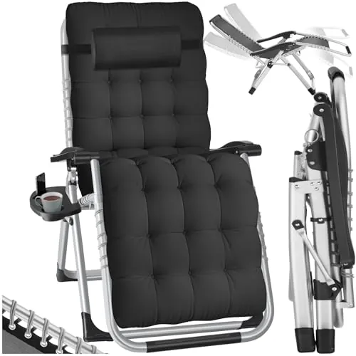 tectake® Silla Tumbona Plegable para Playa y Jardín, Cojín Cabezal Extraíble, Estructura de Acero, Mesa Auxiliar, Ideal para Camping y Picnic, Silla Exterior Terraza - 1 Tumbona Negro