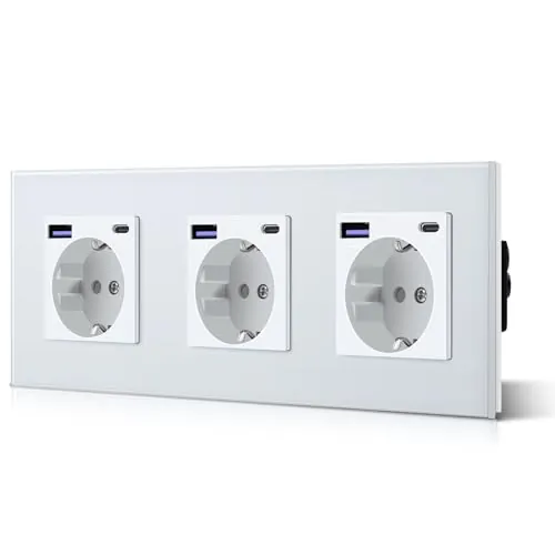 BSEED Enchufe Pared con 20W USB y Tipo C,Enchufe USB C de Cristal,Carga Rápida,3 en 1，Fácil Instalación,3 Enchufes,228mm Blanco