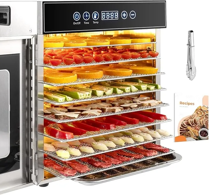 Kwasyo Deshidratador de Alimentos Acero Inoxidable Libre de BPA, Deshidratadora de Frutas y Verduras con Pantalla LCD, Temperatura 30-90℃, Temporizador, Hierbas, Nueces, Yogurt, 8 Bandejas, 500W