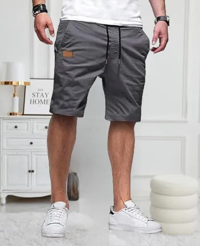 Pantalones Cortos Casuales para Hombre, Pantalones Cortos de Golf de Sarga elástica de algodón con cordón para Verano, Playa, Verano, Gris, Large