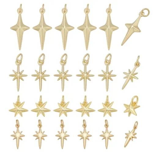 CRAFTYMELODY 24 colgantes de estrella de latón chapado en oro de 18 quilates, diseño de estrella del norte, 4 estilos, con anillo curvado para la fabricación de joyas, manualidades