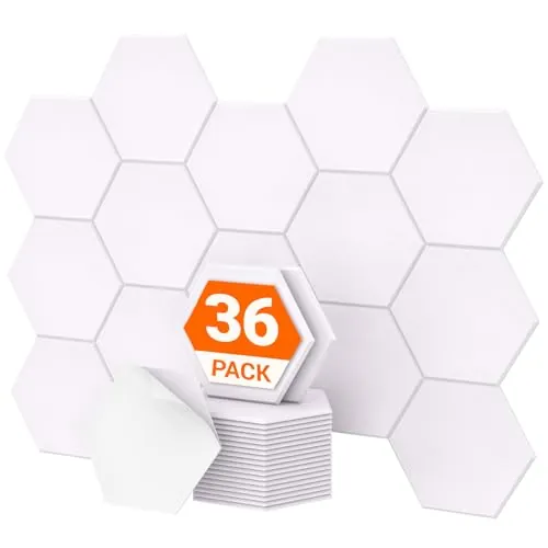 TONOR Lote de 36 Paneles Acústicos Murales Autoadhesivos,30 x 26 x 1 cm Panele de pared 3D acústico de Alta Densidad,Espuma Acústica Hexagonal Aislante para Estudios/Oficinas/Dormitorios, Blanco