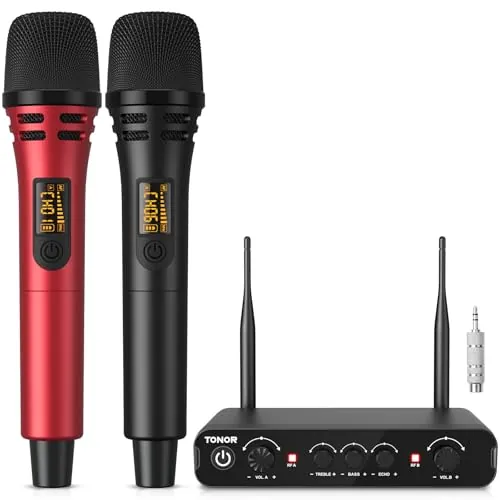 TONOR Micrófono Inalámbrico, Dual Mic UHF Sistema de Micrófono Dinámico de Mano con Receptor,Compatible con Amplificador,Sistema PA,para Karaoke Domestico/Boda/DJ/Fiesta/Iglesia,60M, Negro&Rojo,TW350
