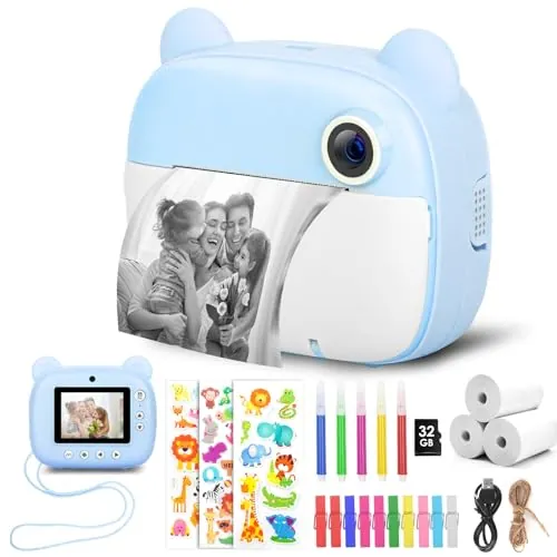 Camara Fotos Infantil instantanea, Cámara Instantánea para Niños con Tarjeta de 32G, 2.4" HD Camara Instanea Infantil con Papel de Impresión y Bolígrafos de Colores, Regalos Juguete